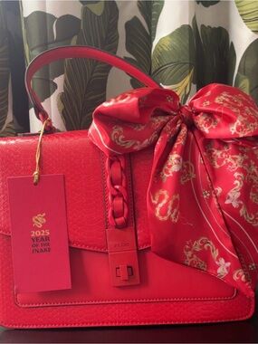 ALDO Red Satchel with Decorative Scarf Accent